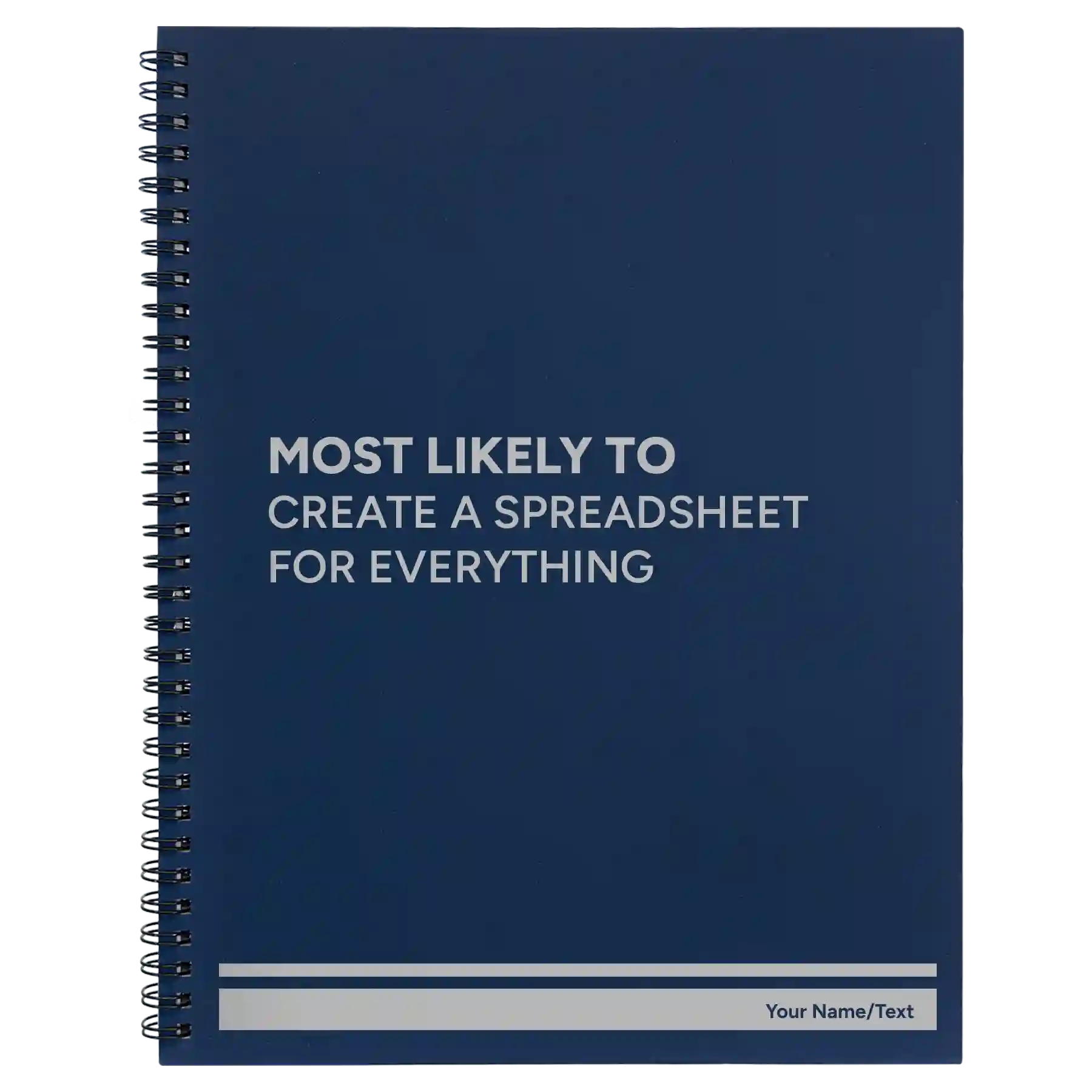 Large blue spiral notebook laser etched with 'Create a Spreadsheet' design