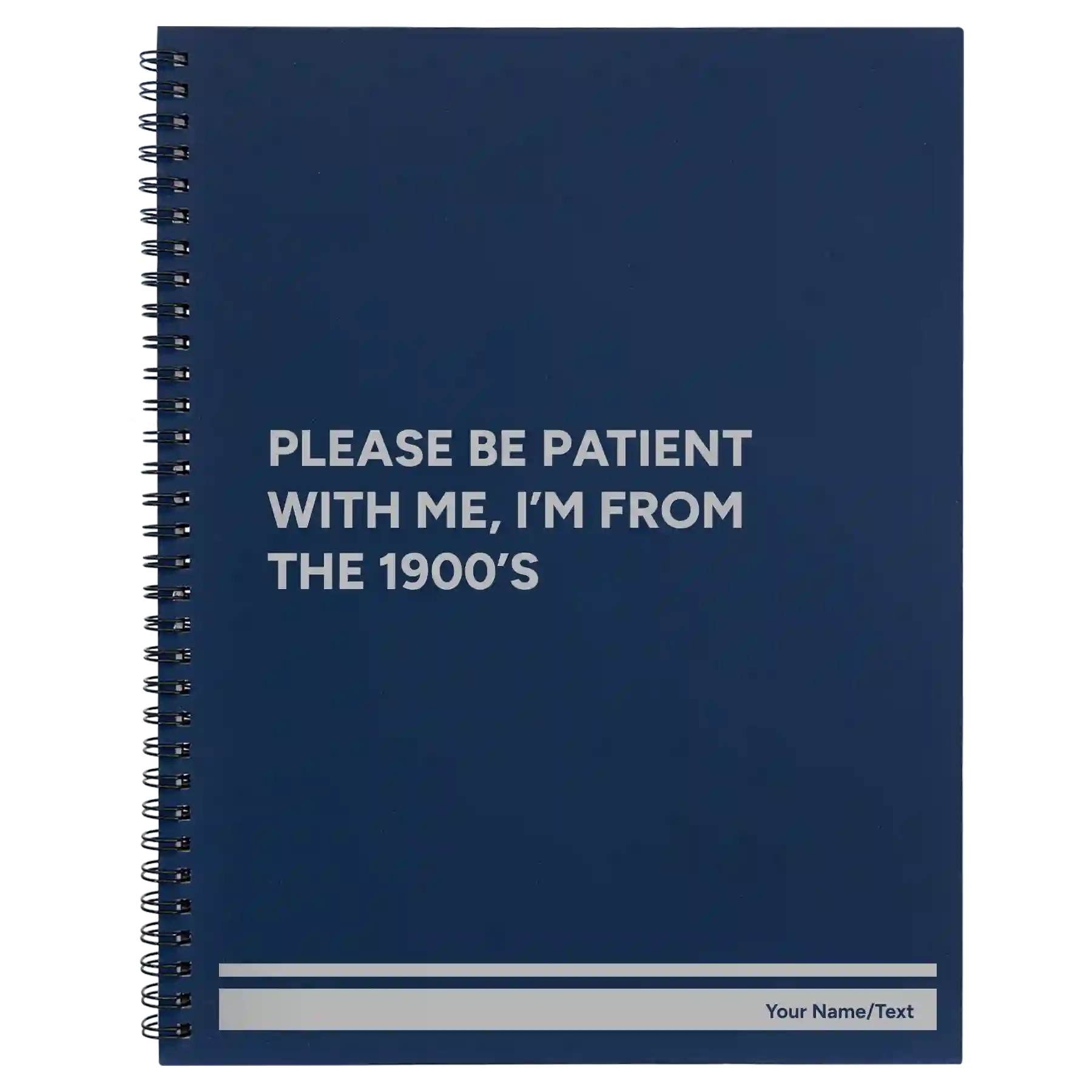Large blue spiral notebook laser etched with 'Please Be Patient' design
