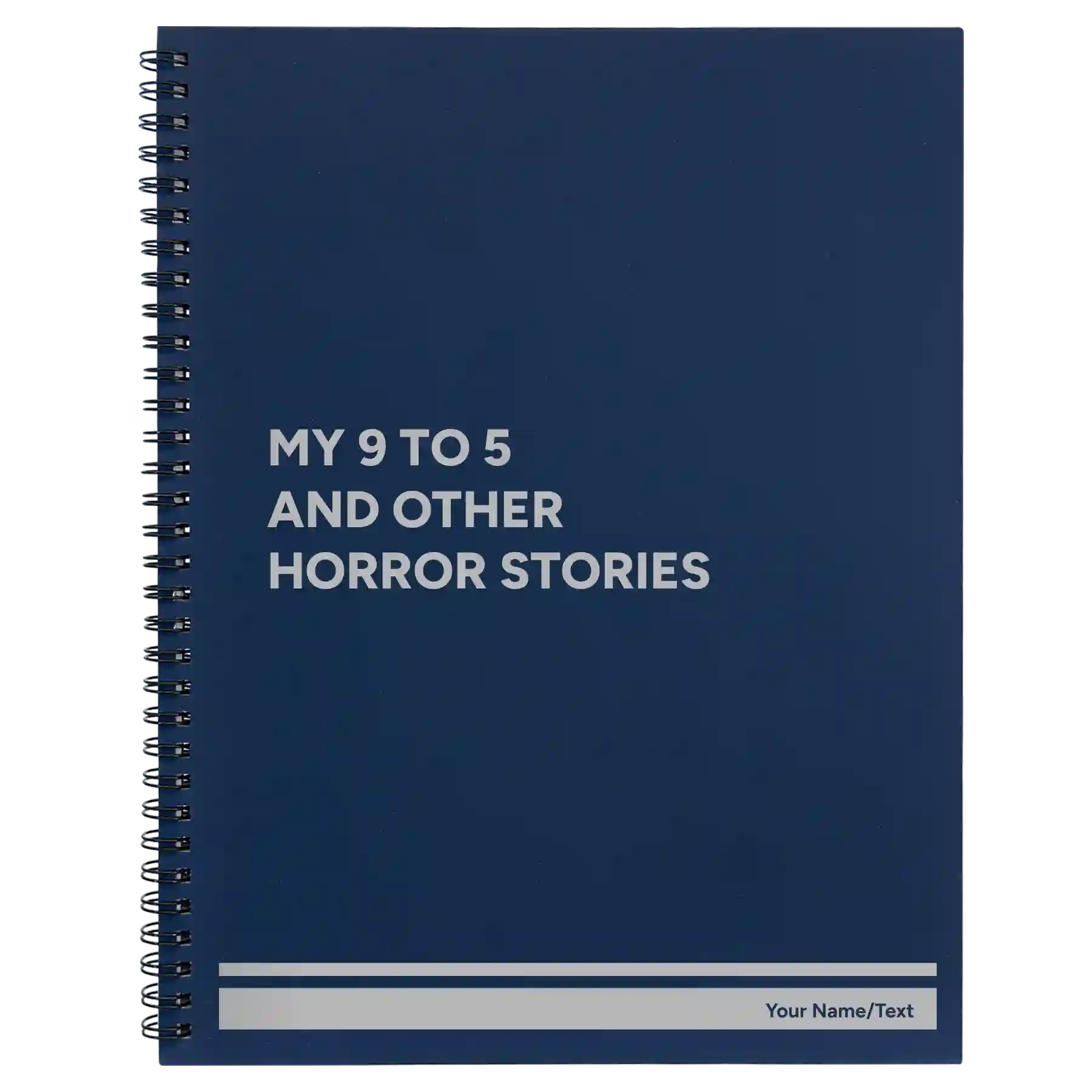 Large blue spiral notebook laser etched with '9 to 5 Horror' design