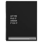 Large black spiral notebook laser etched with 'File it Under' design