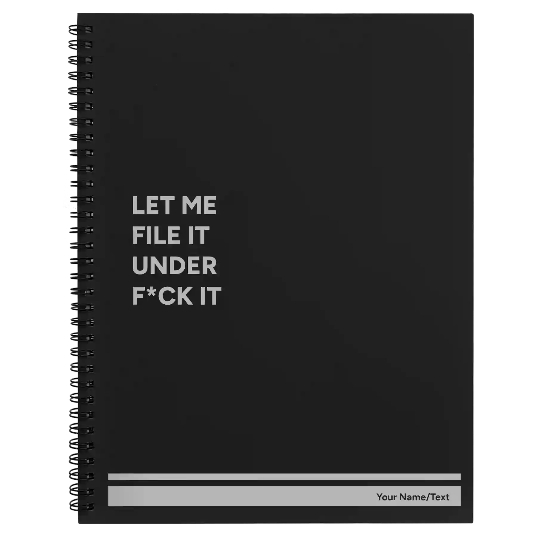 Large black spiral notebook laser etched with 'File it Under' design
