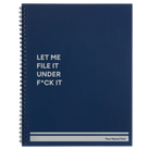 Large blue spiral notebook laser etched with 'File it Under' design