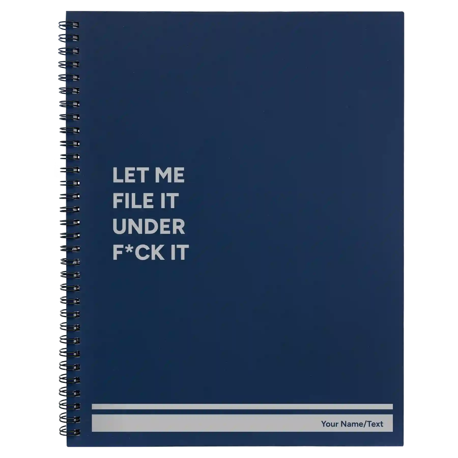 Large blue spiral notebook laser etched with 'File it Under' design
