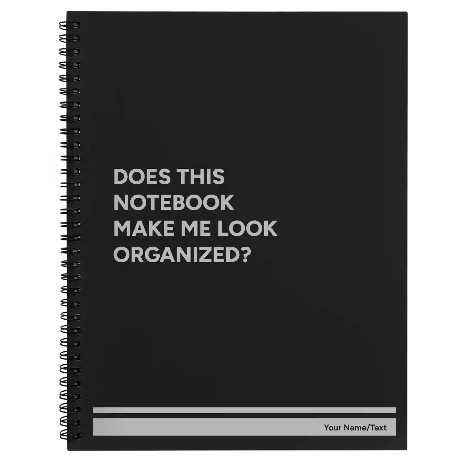 Large black spiral notebook laser etched with 'Look Organized' design
