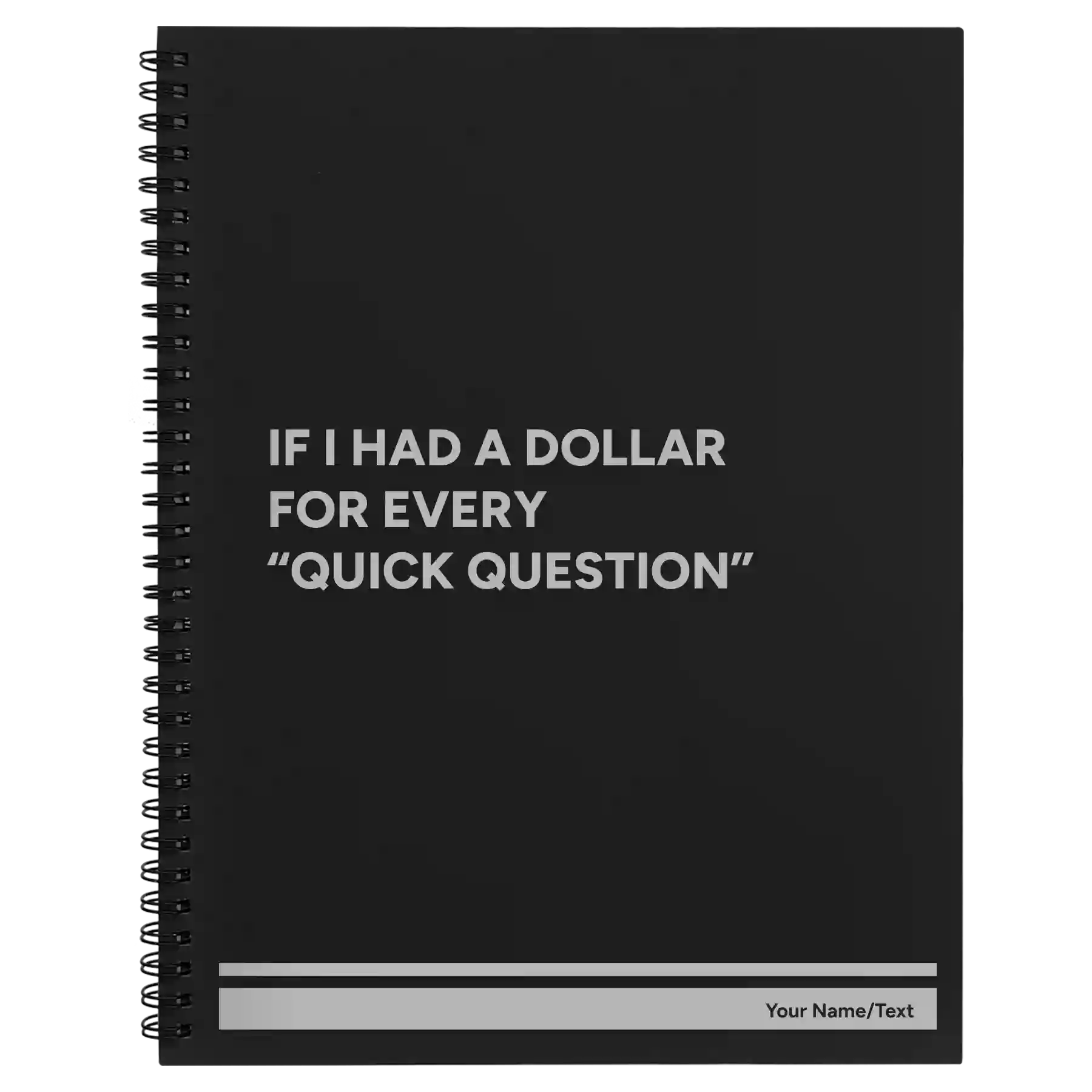 Large black spiral notebook laser etched with 'If I Had a Dollar' design