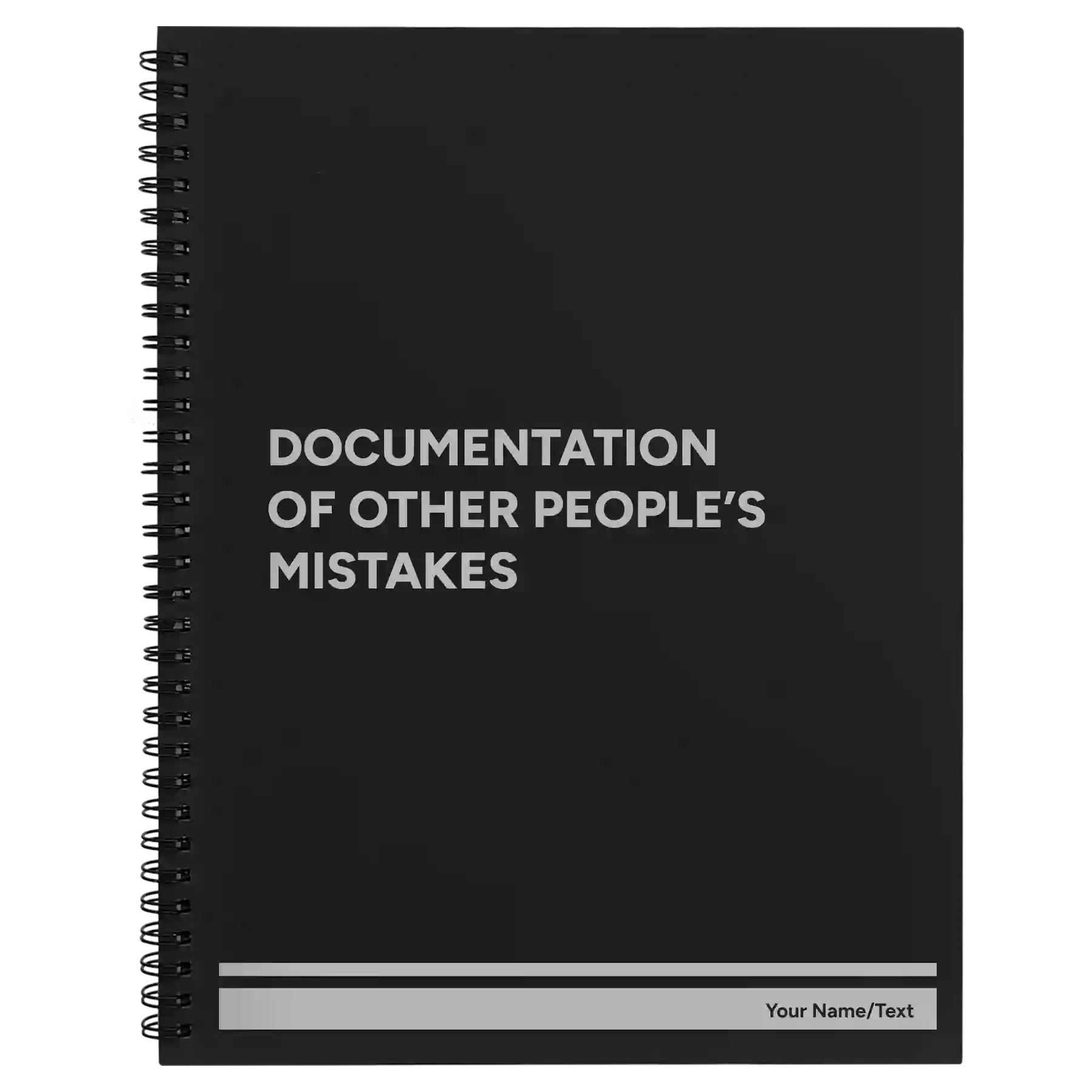 Large black spiral notebook laser etched with 'Other Peoples Mistakes' design