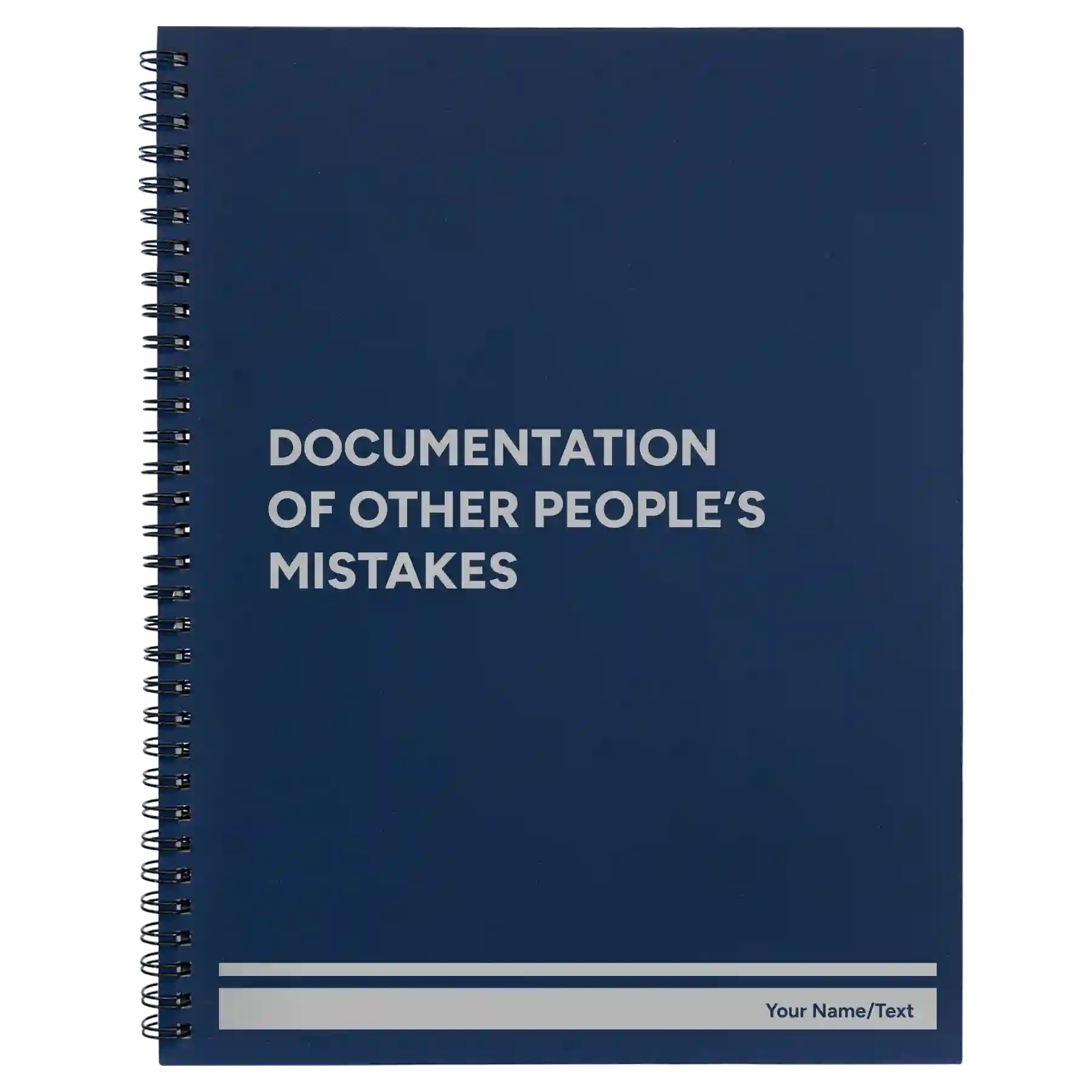 Large blue spiral notebook laser etched with 'Other Peoples Mistakes' design