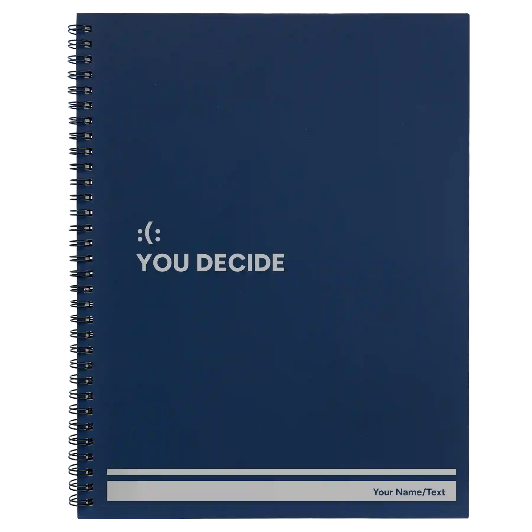 Large blue spiral notebook laser etched with 'You Decide' design