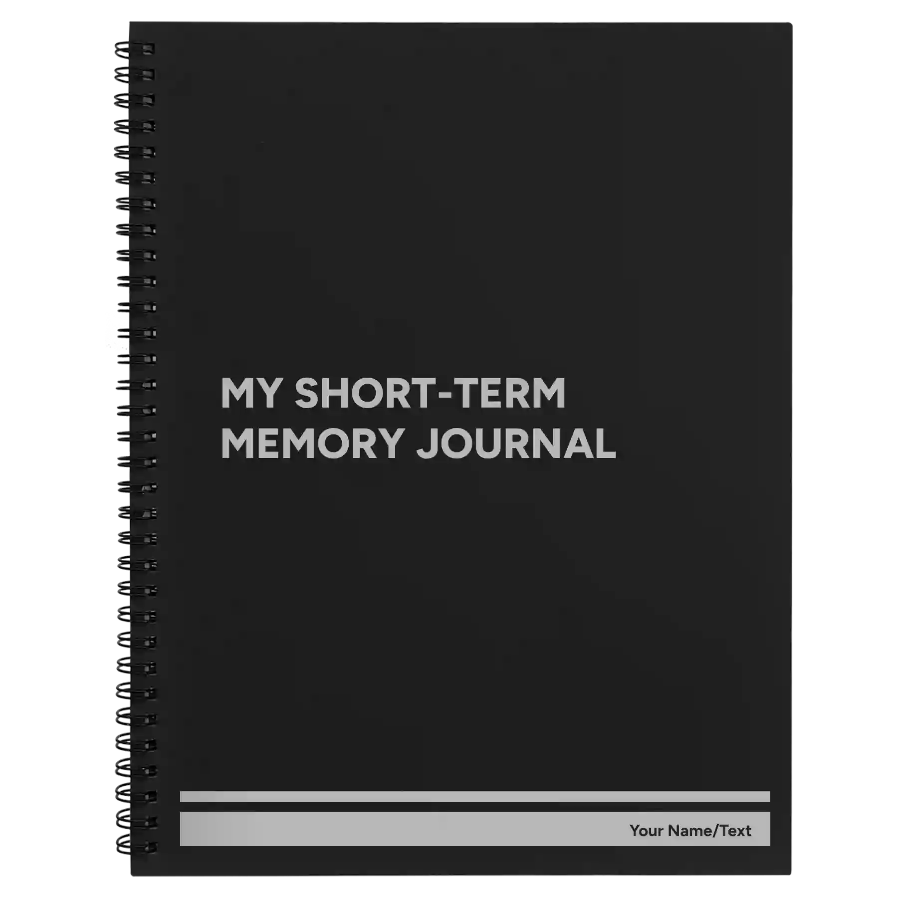 Large black spiral notebook laser etched with 'My Short-Term Memory Journal' design