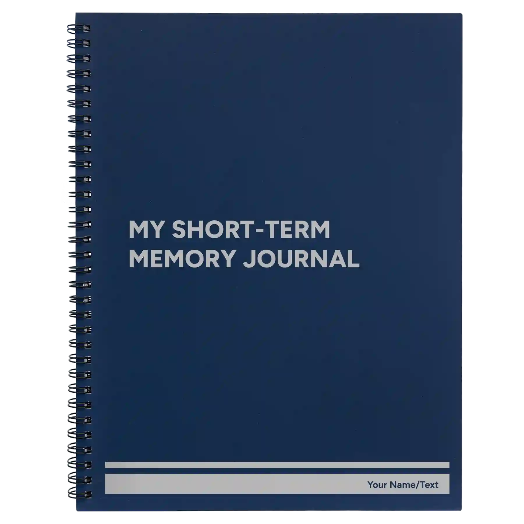Large blue spiral notebook laser etched with 'My Short-Term Memory Journal' design