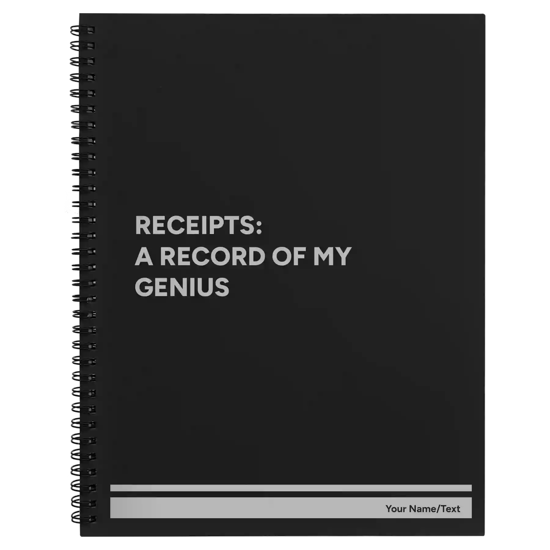 Large black spiral notebook laser etched with 'My Genius' design