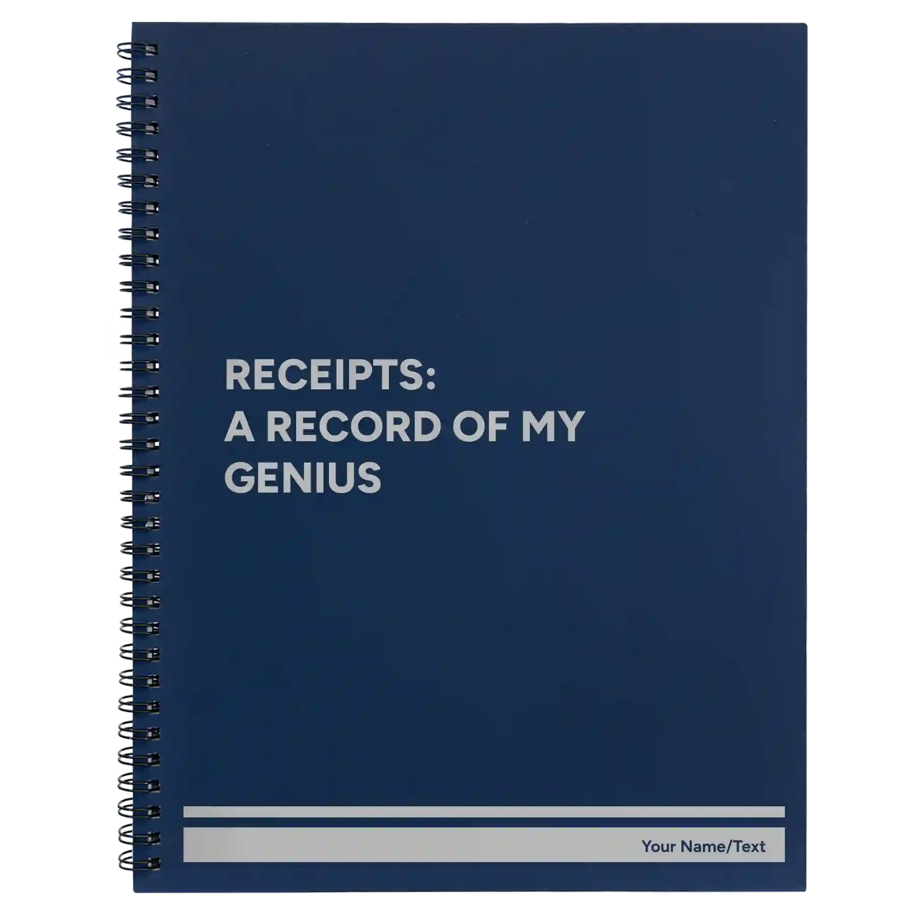 Large blue spiral notebook laser etched with 'My Genius' design