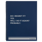 Large blue spiral notebook laser etched with 'Regret It' design