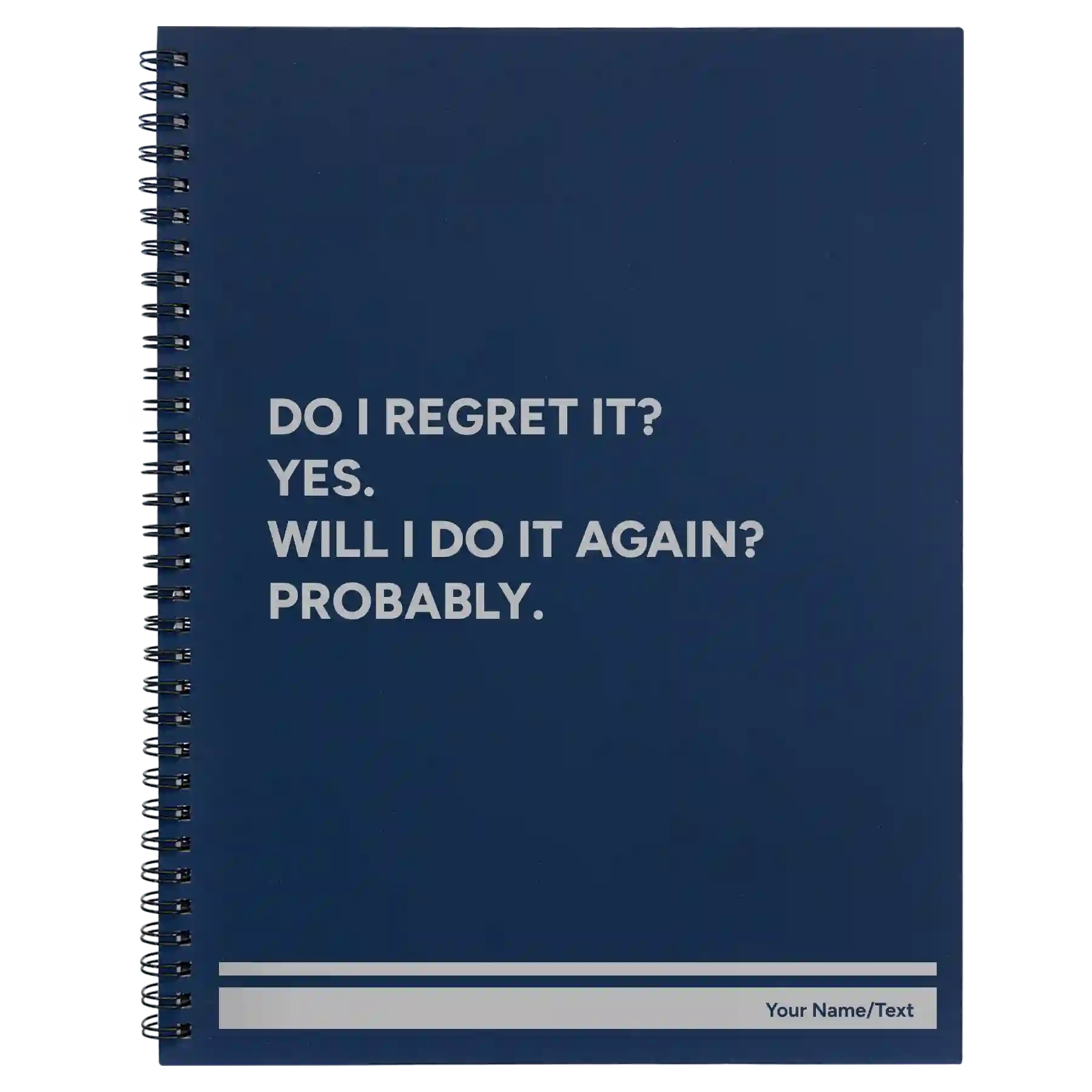 Large blue spiral notebook laser etched with 'Regret It' design