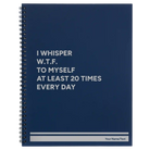 Large blue spiral notebook laser etched with 'Whisper WTF' design
