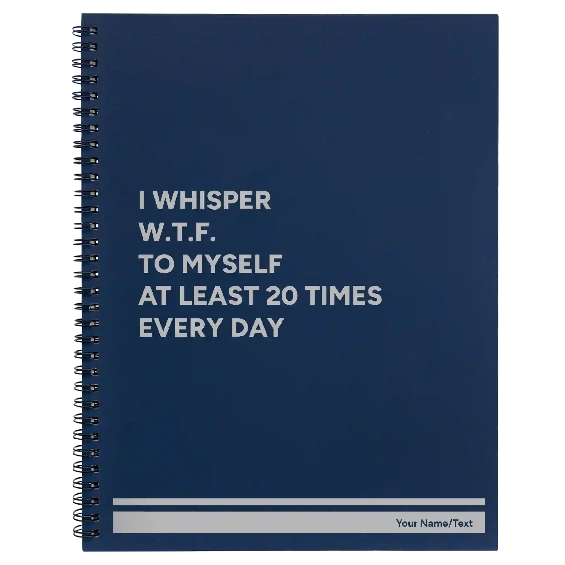 Large blue spiral notebook laser etched with 'Whisper WTF' design