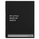 Large black spiral notebook laser etched with 'Book of Rants' design