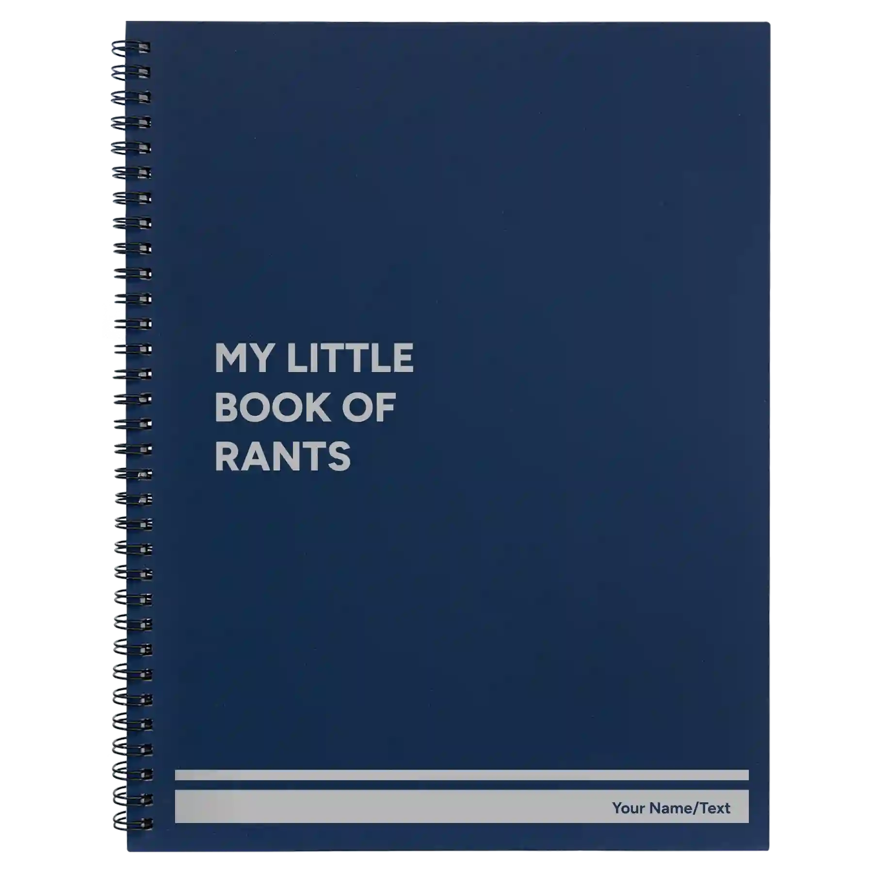 Large blue spiral notebook laser etched with 'Book of Rants' design