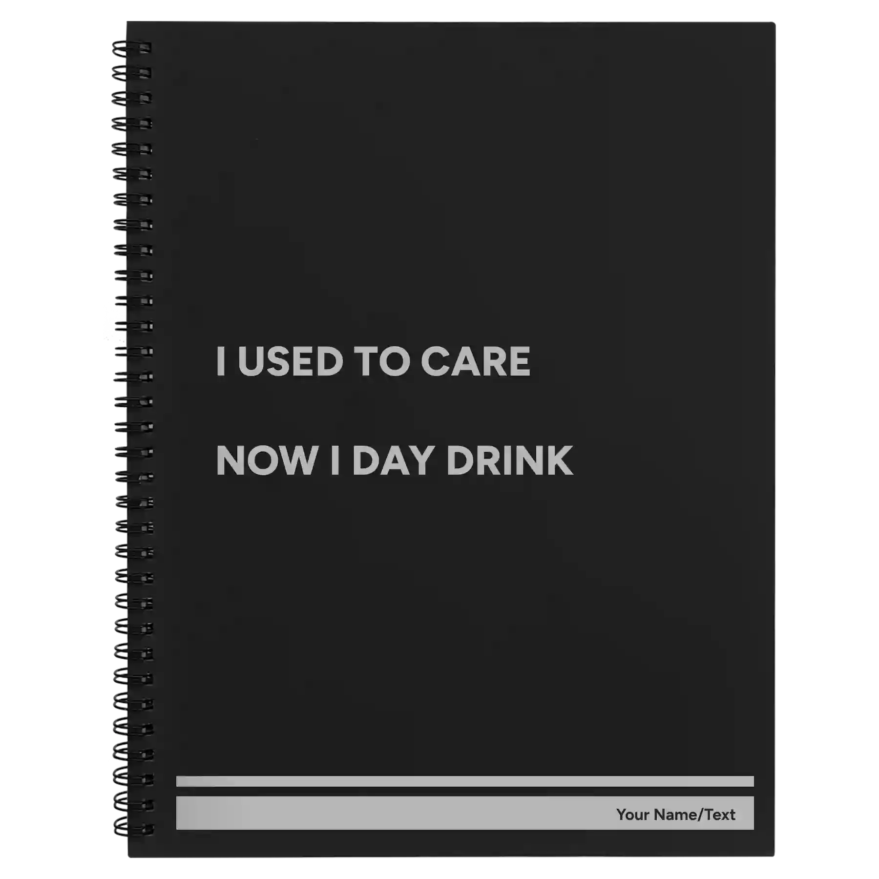 Large black spiral notebook laser etched with 'Day Drink' design
