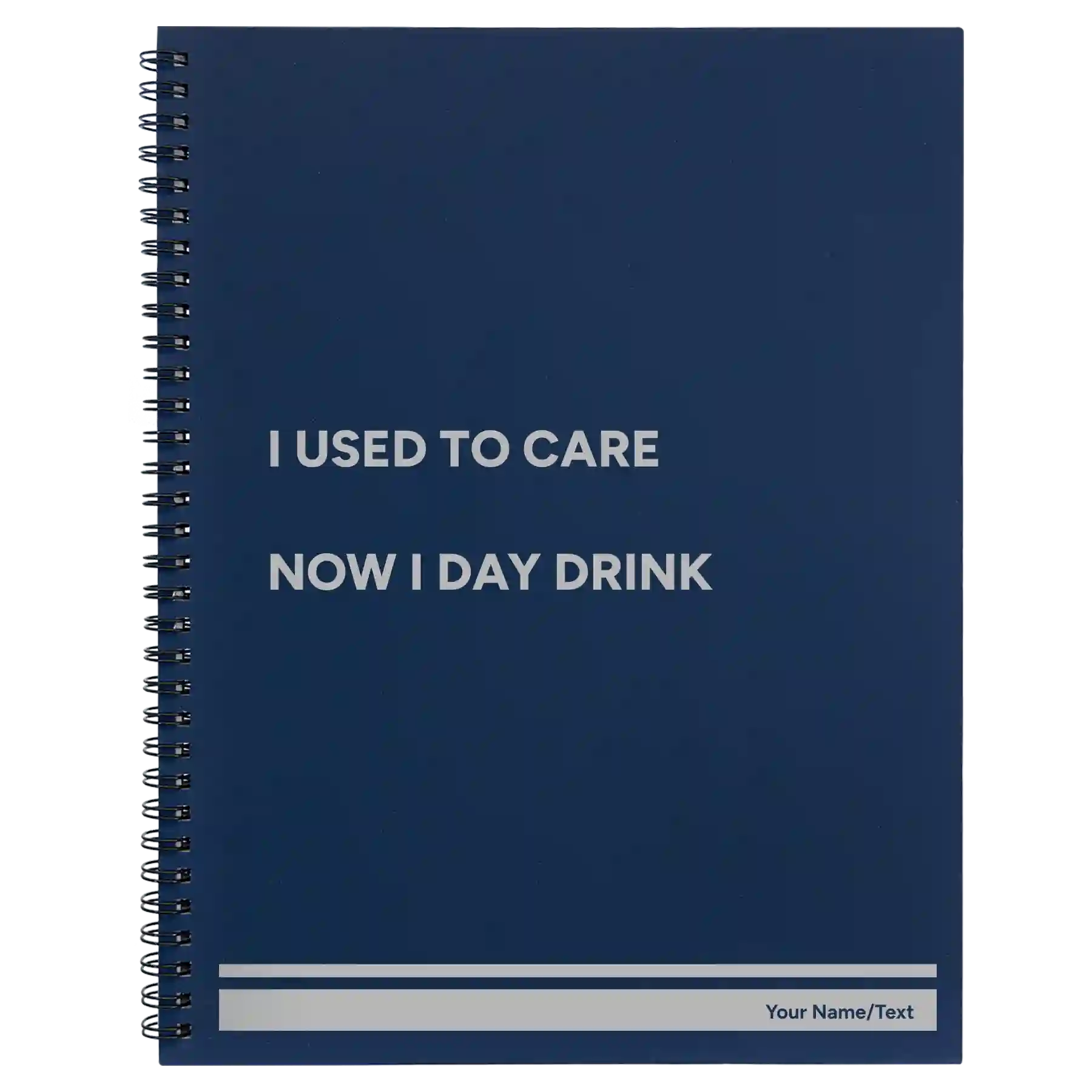 Large blue spiral notebook laser etched with 'Day Drink' design