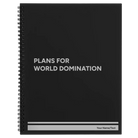 Large black spiral notebook laser etched with 'World Domination' design