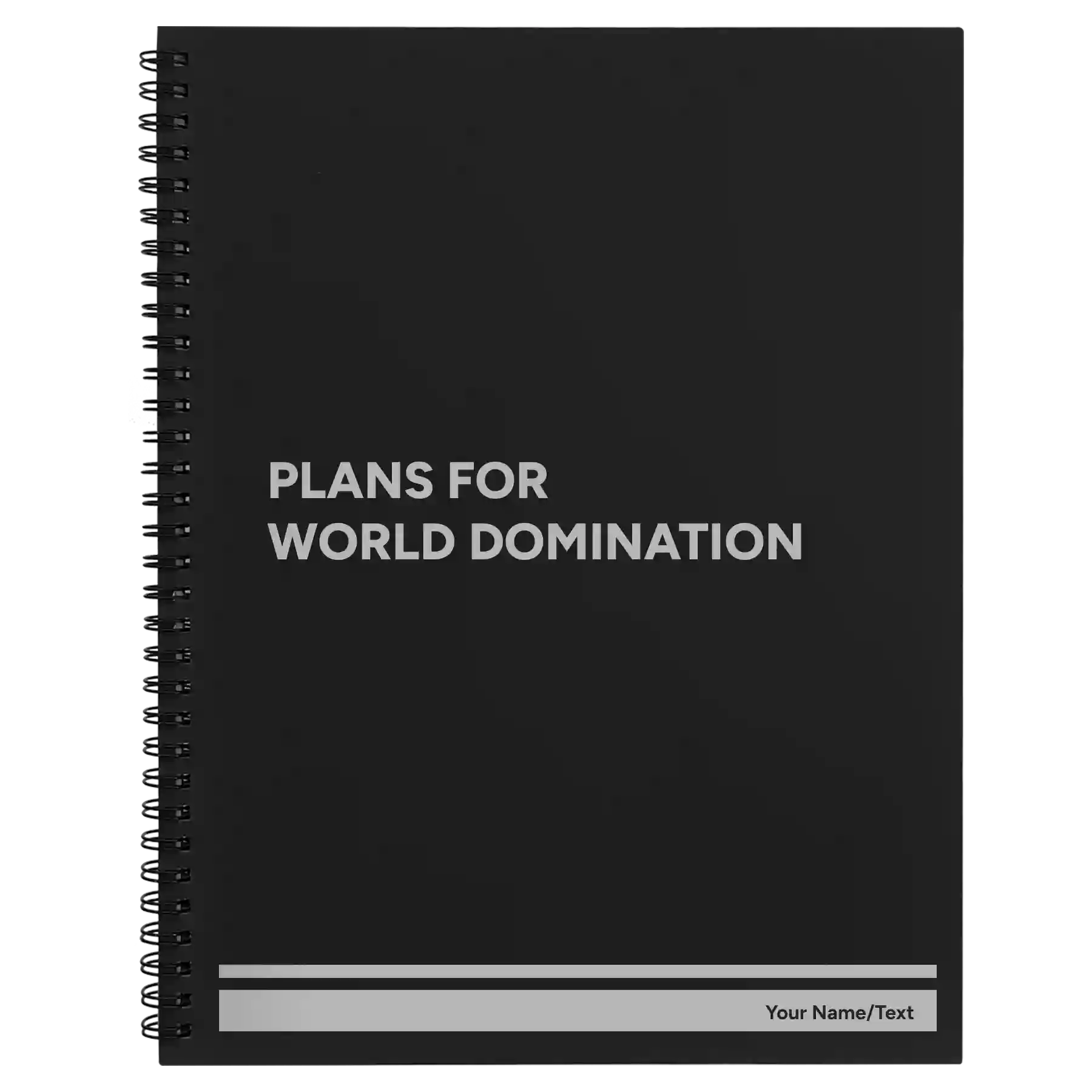 Large black spiral notebook laser etched with 'World Domination' design