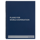 Large blue spiral notebook laser etched with 'World Domination' design