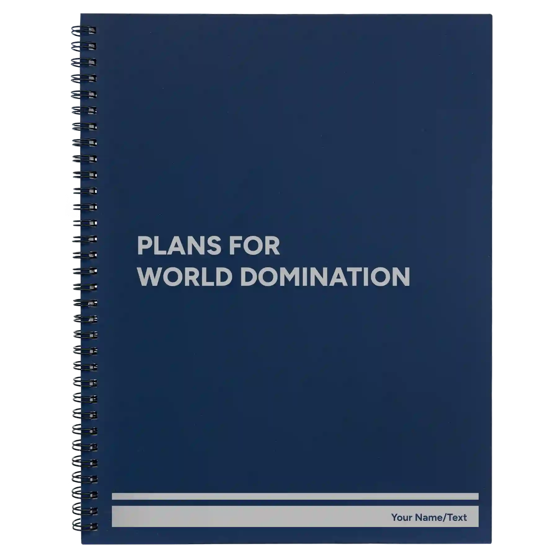 Large blue spiral notebook laser etched with 'World Domination' design