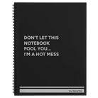 Large black spiral notebook laser etched with 'Hot Mess' design