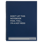 Large blue spiral notebook laser etched with 'Hot Mess' design