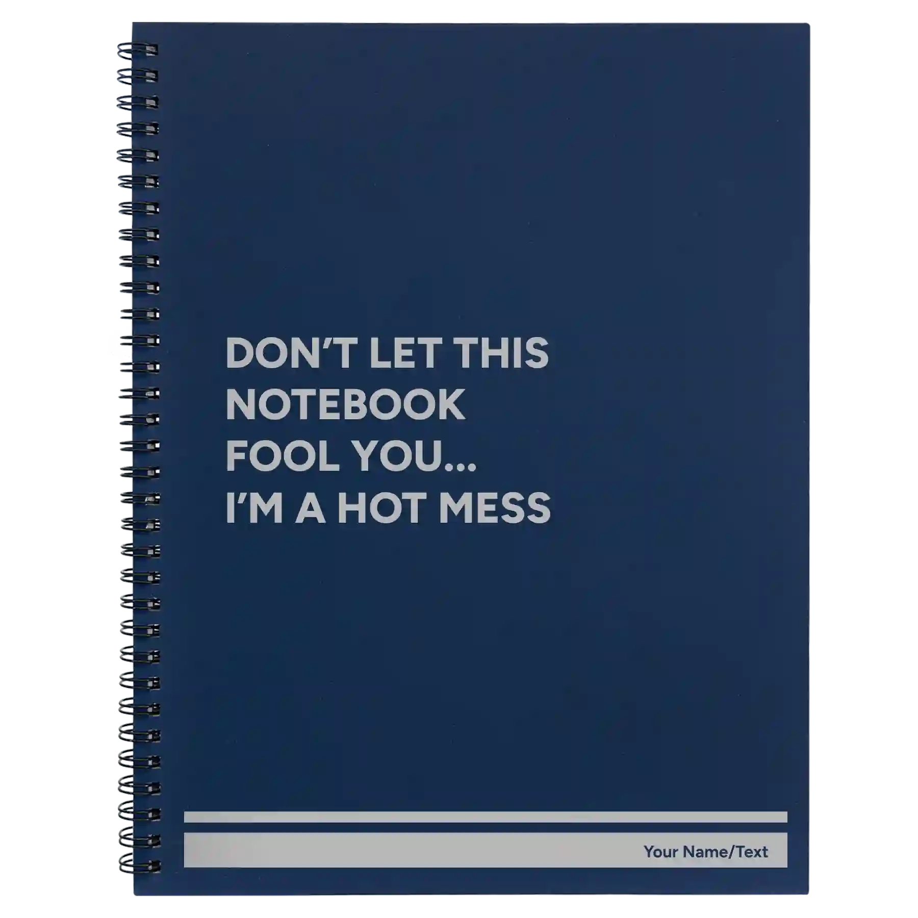 Large blue spiral notebook laser etched with 'Hot Mess' design