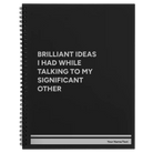 Large black spiral notebook laser etched with 'Brilliant Ideas I Had' design