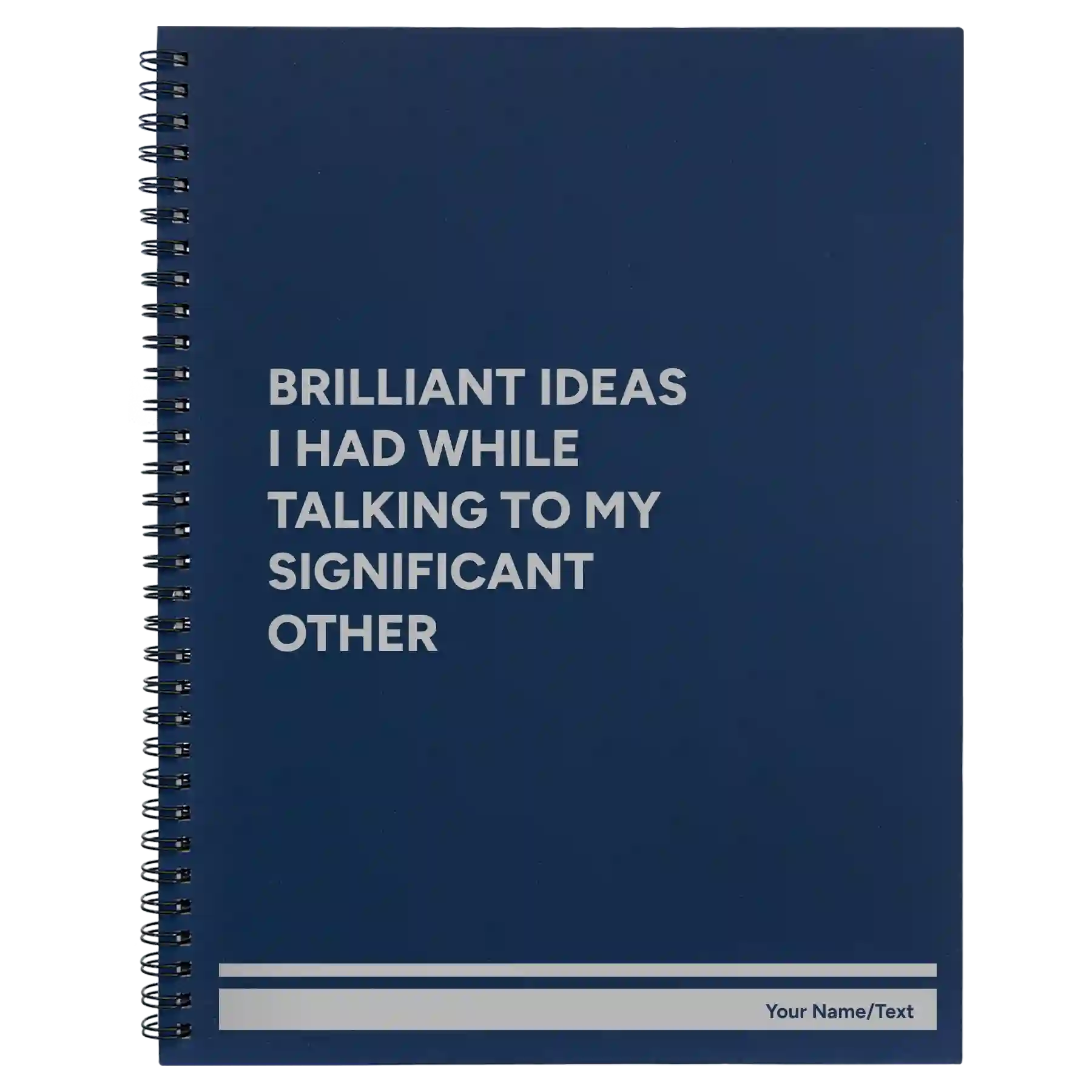 Large blue spiral notebook laser etched with 'Brilliant Ideas I Had' design