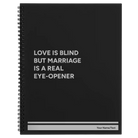 Large black spiral notebook laser etched with 'Love is Blind' design