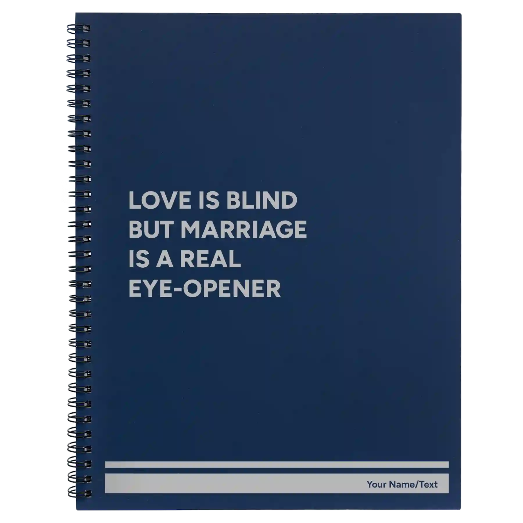 Large blue spiral notebook laser etched with 'Love is Blind' design