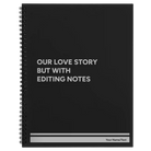Large black spiral notebook laser etched with 'Our Love Story' design