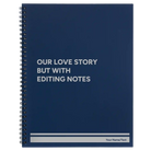 Large blue spiral notebook laser etched with 'Our Love Story' design