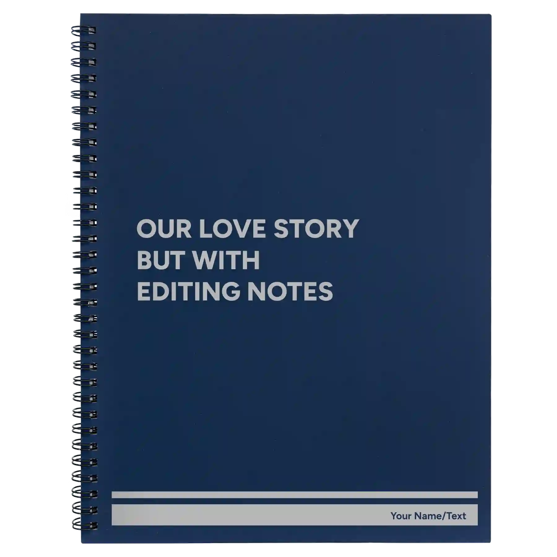 Large blue spiral notebook laser etched with 'Our Love Story' design