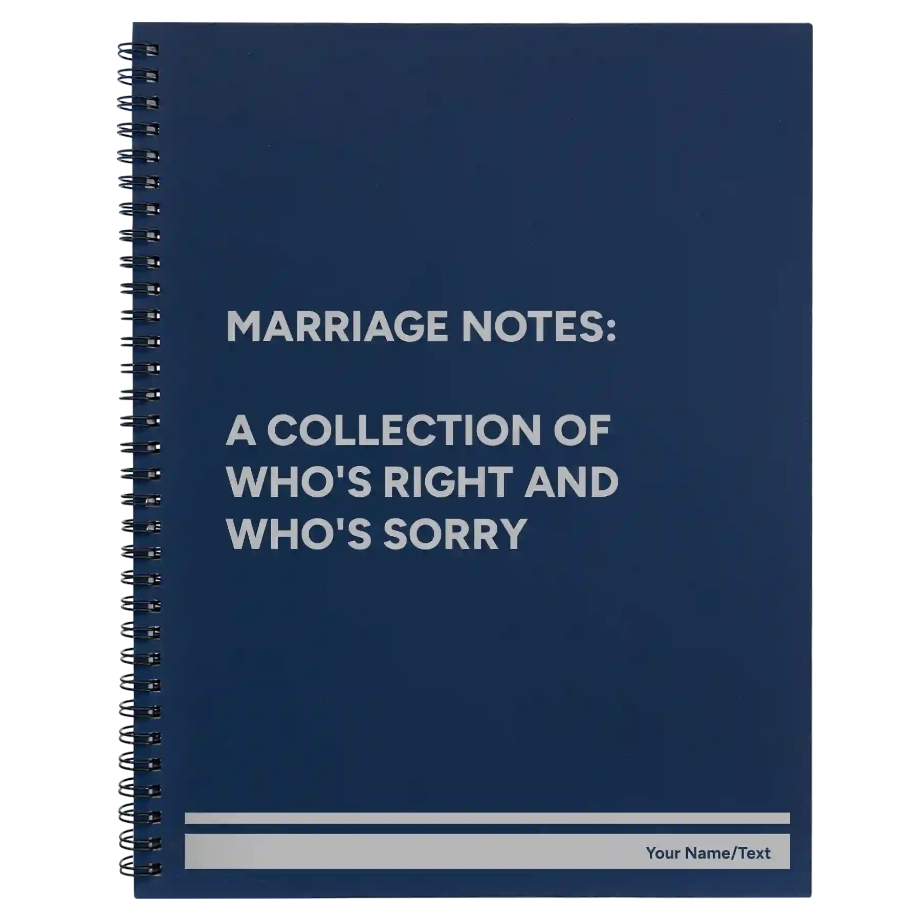 Large blue spiral notebook laser etched with 'Marriage Notes' design