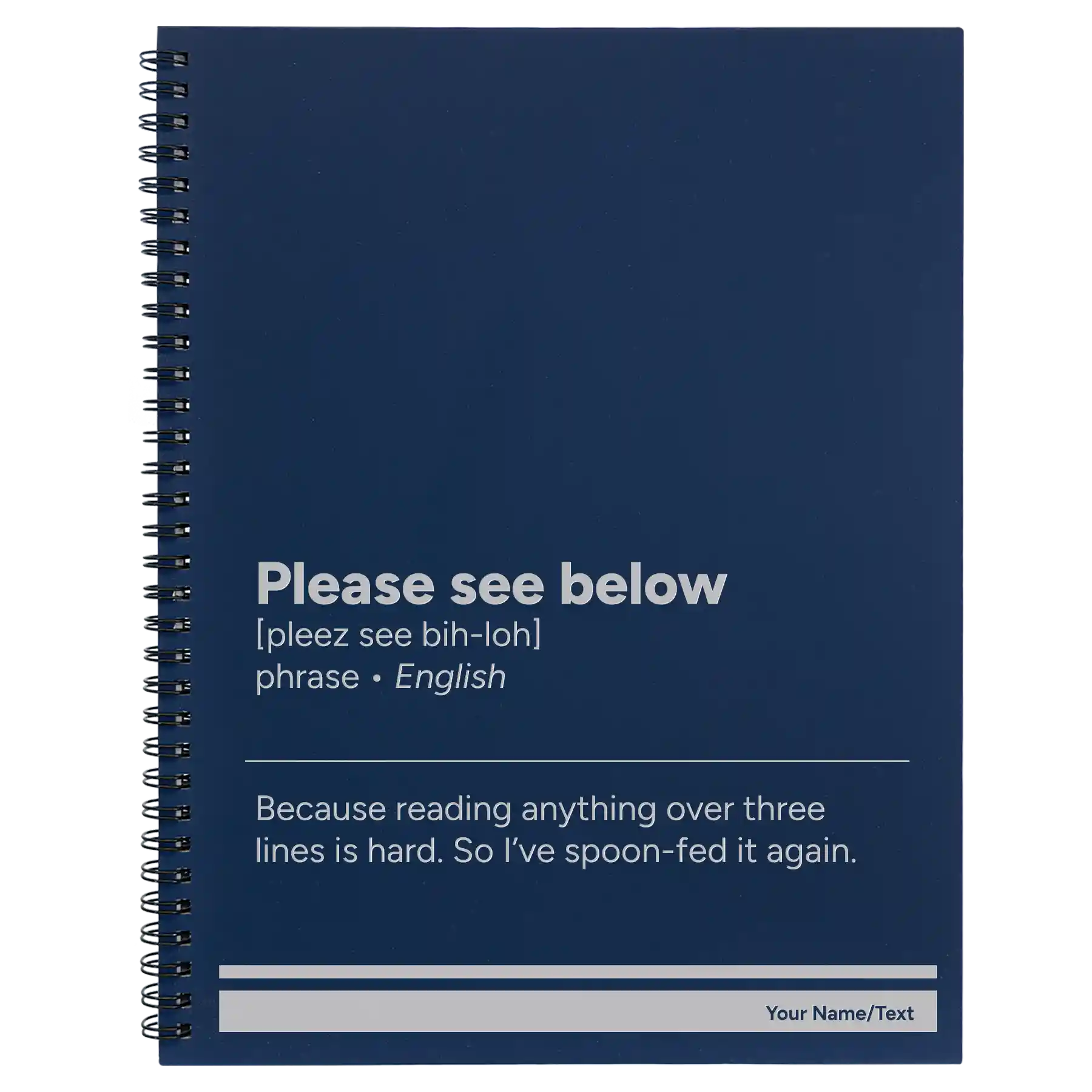 Large blue spiral notebook laser etched with 'Per My Last Email' design
