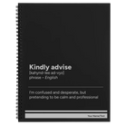 Large black spiral notebook laser etched with 'Kindly Advise' design