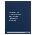 Large blue spiral notebook laser etched with 'Jumping to conclusions and other things Im good at' design