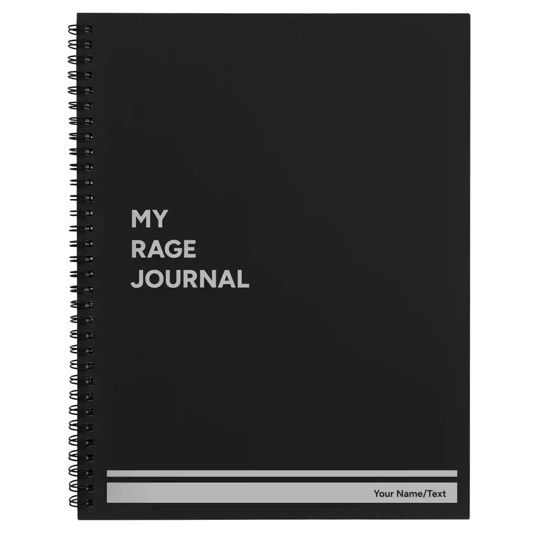 Large black spiral notebook laser etched with 'My rage journal' design