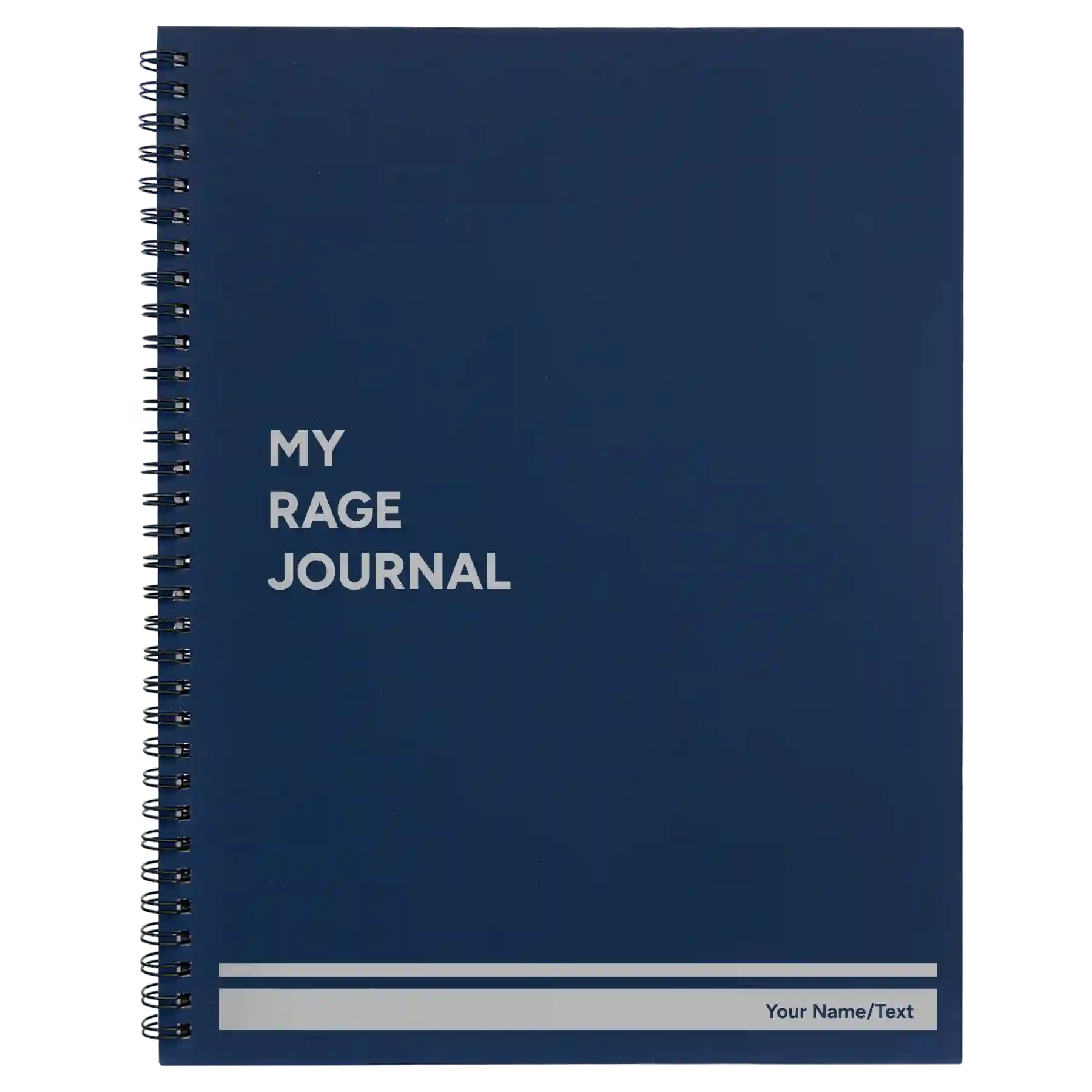 Large blue spiral notebook laser etched with 'My rage journal' design