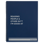 Large blue spiral notebook laser etched with 'Reading people other sht Im good at' design
