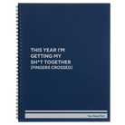 Large blue spiral notebook laser etched with 'This Year I'm Getting My Shit Together (fingers crossed)' design