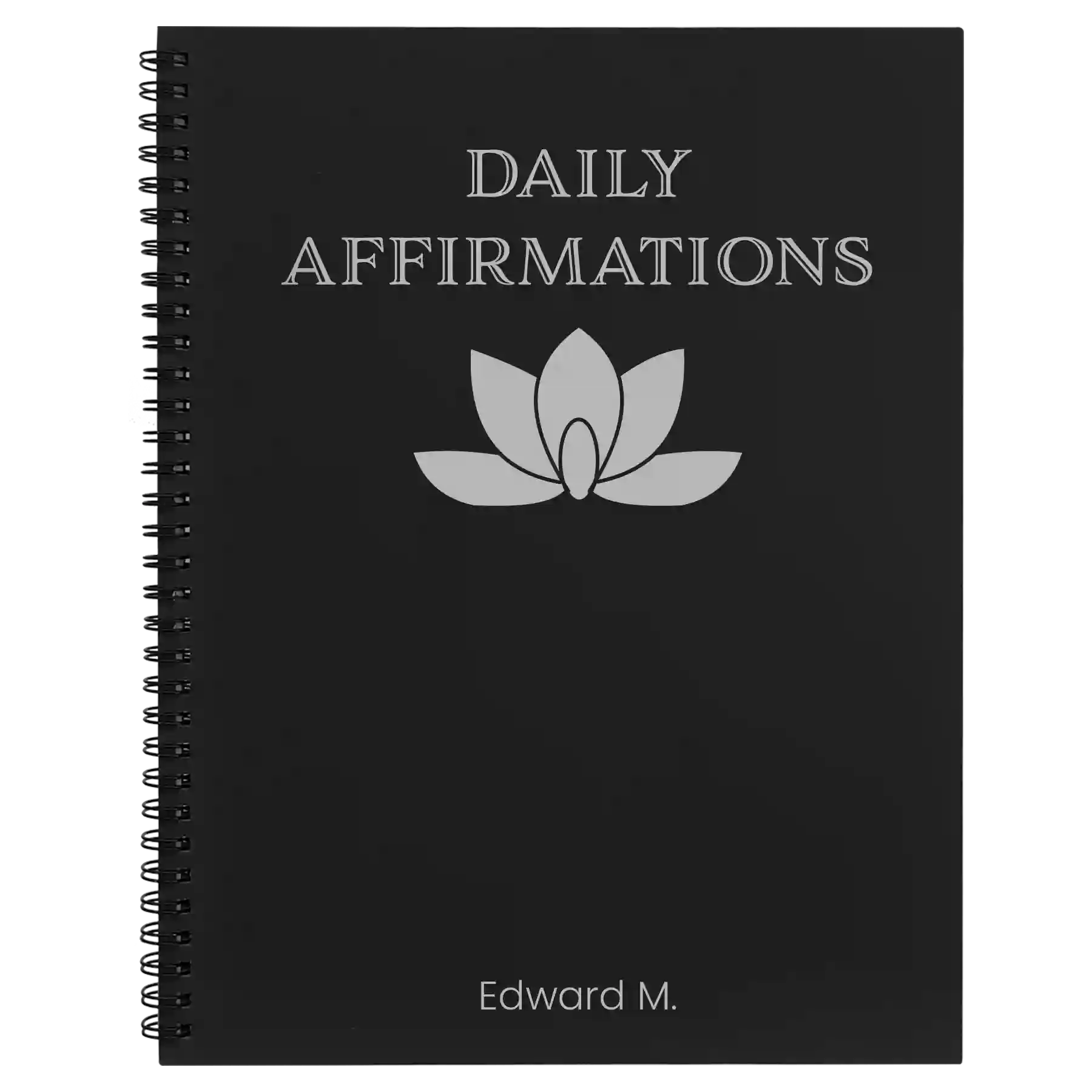 Large black spiral notebook laser etched with 'Daily Affirmations' design