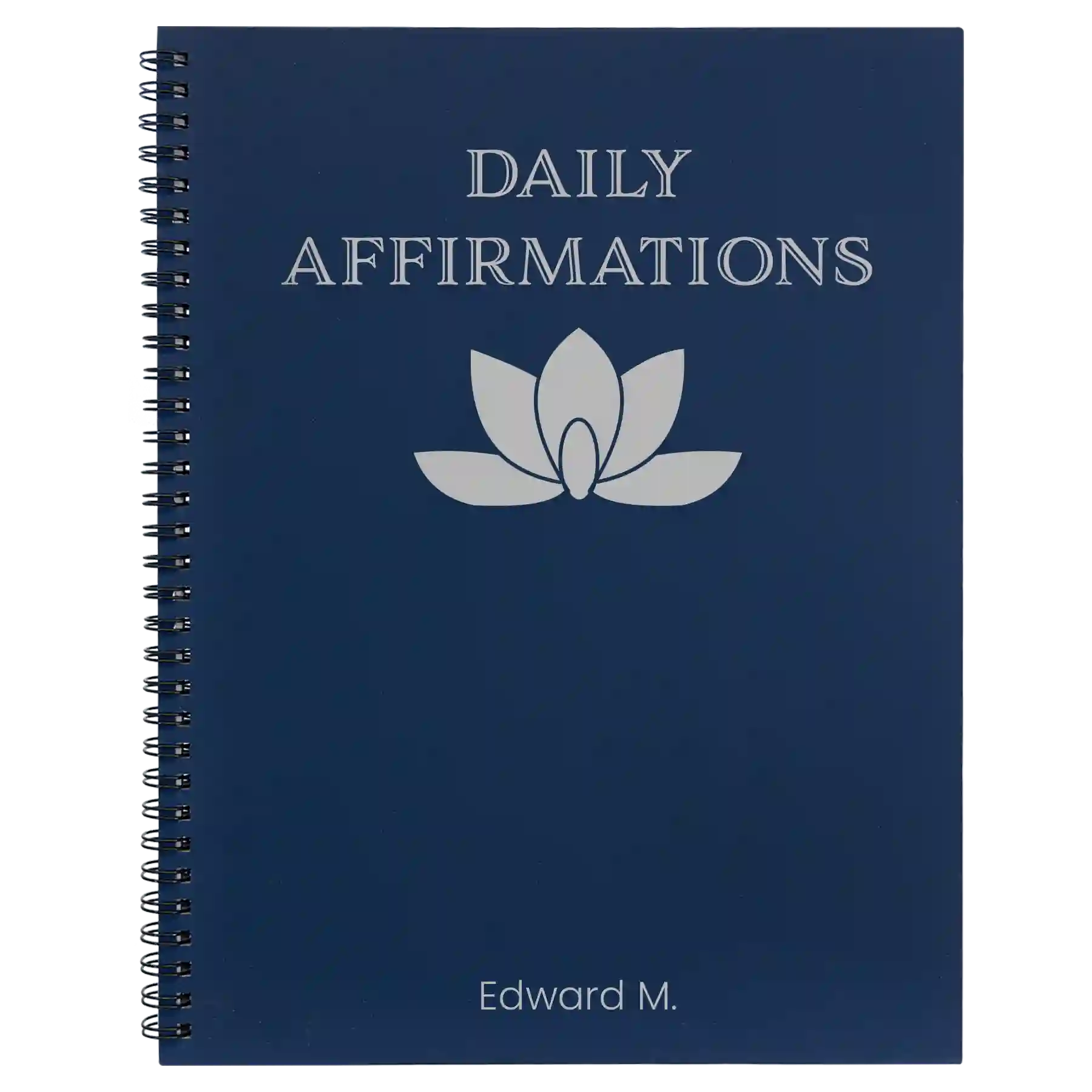 Large blue spiral notebook laser etched with 'Daily Affirmations' design