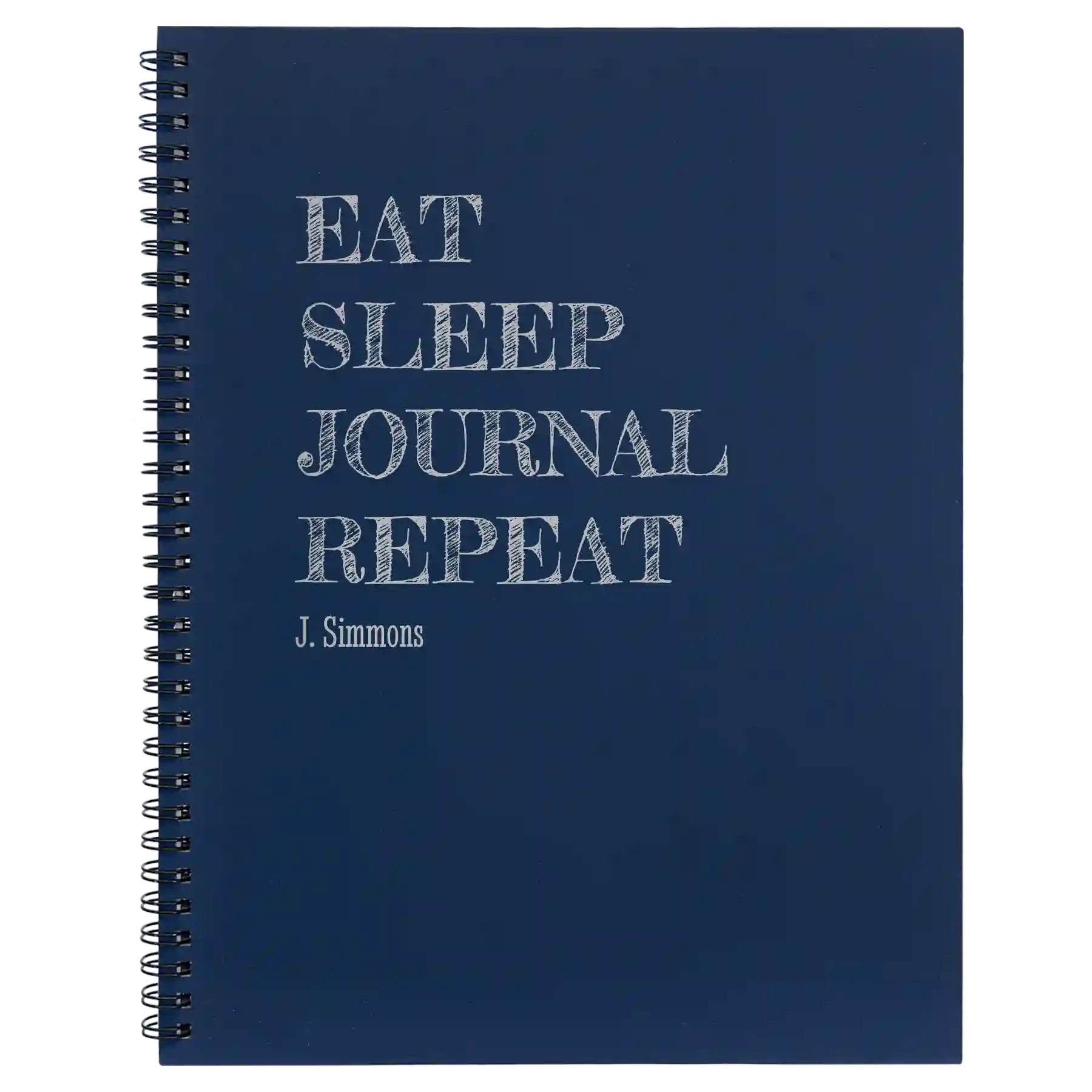 Large blue spiral notebook laser etched with 'Eat Sleep Journal' design