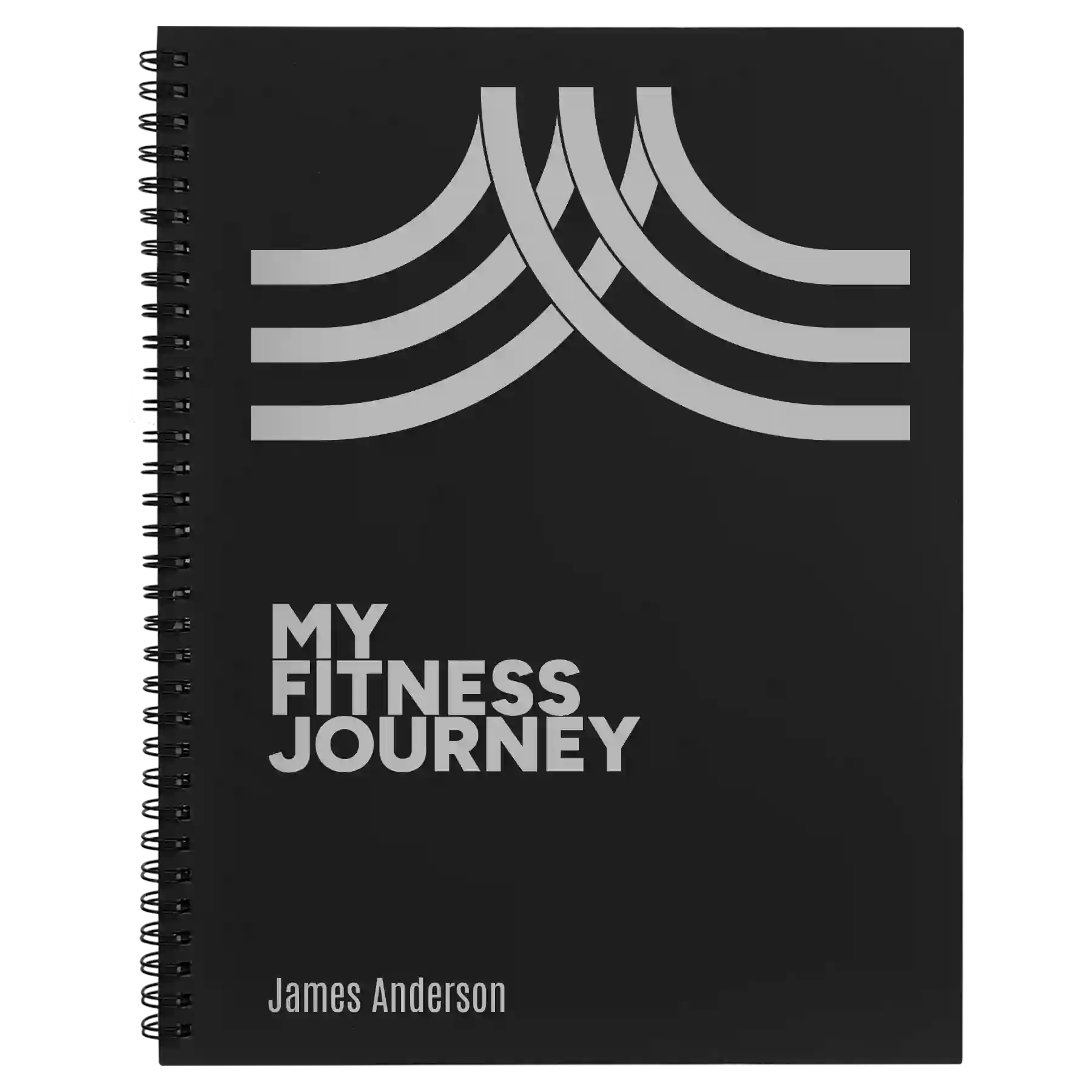 Large black spiral notebook laser etched with 'Fitness Journey' design